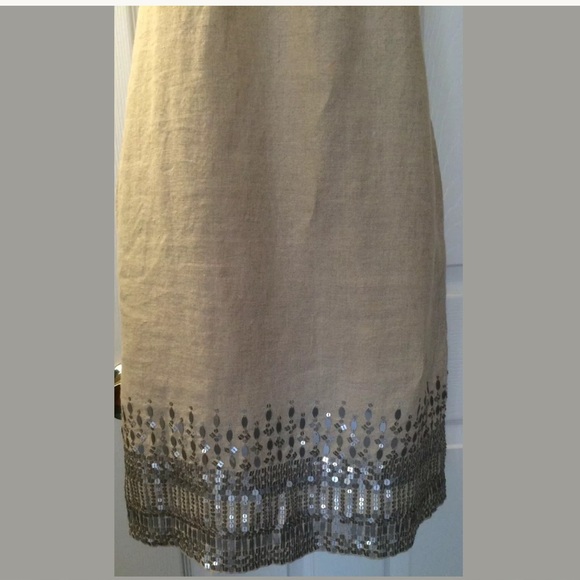 EILEEN FISHER Organic Linen Sequin Tank Dress Khaki Tan Silver Embellished Hem - Picture 4 of 8